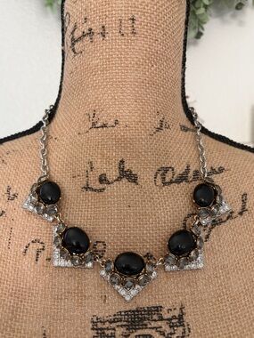 Stella & Dot Black and Gold Statement Necklace with Clear Crystals